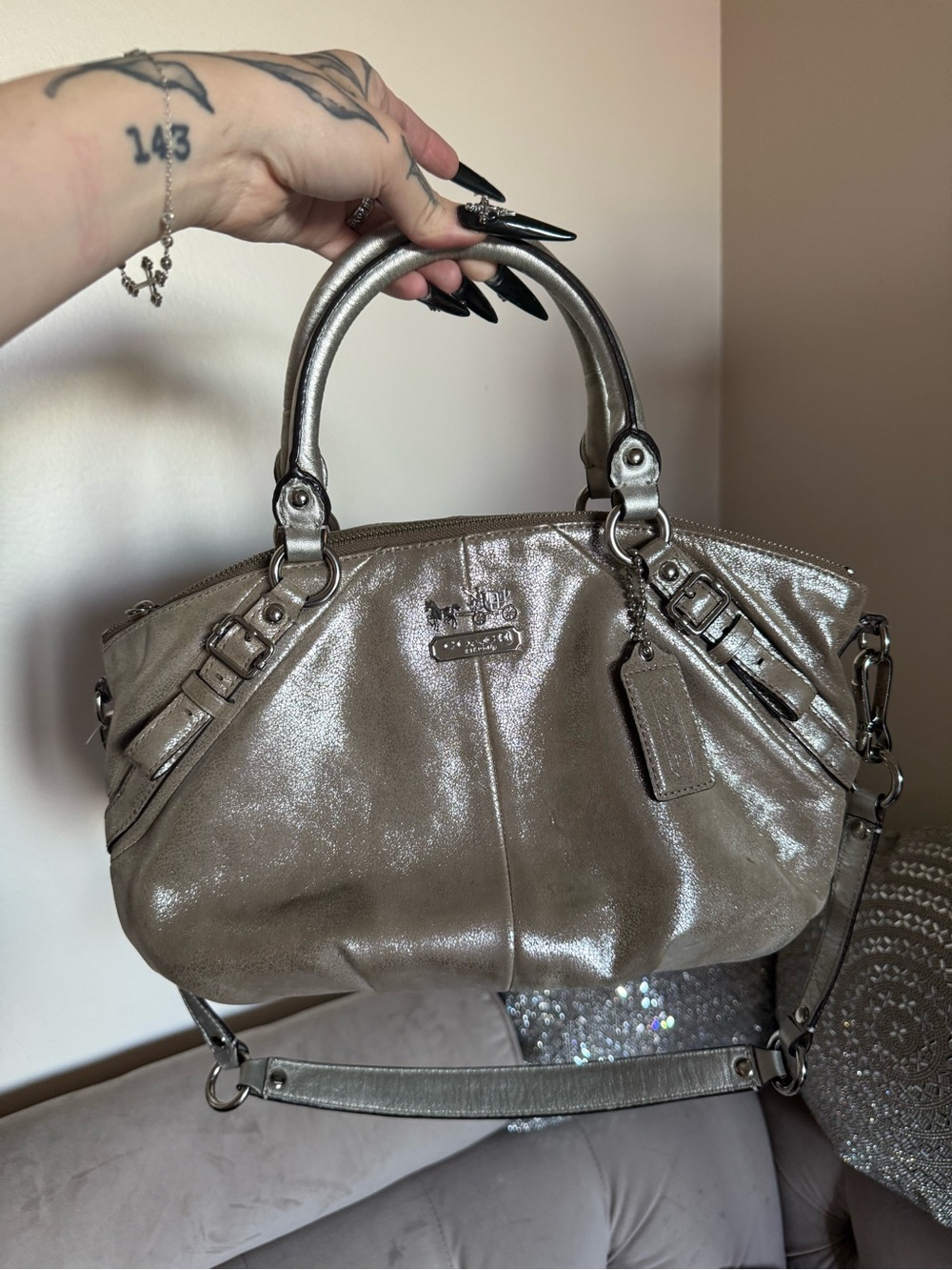 Coach Metallic Taupe Leather Satchel Shoulder Bag